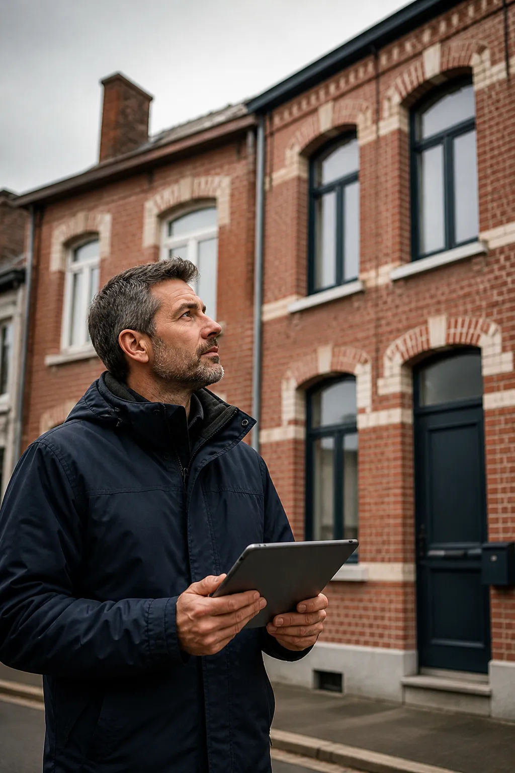 Expert en bâtiment examinant la façade en brique d’une maison de ville dans la Somme