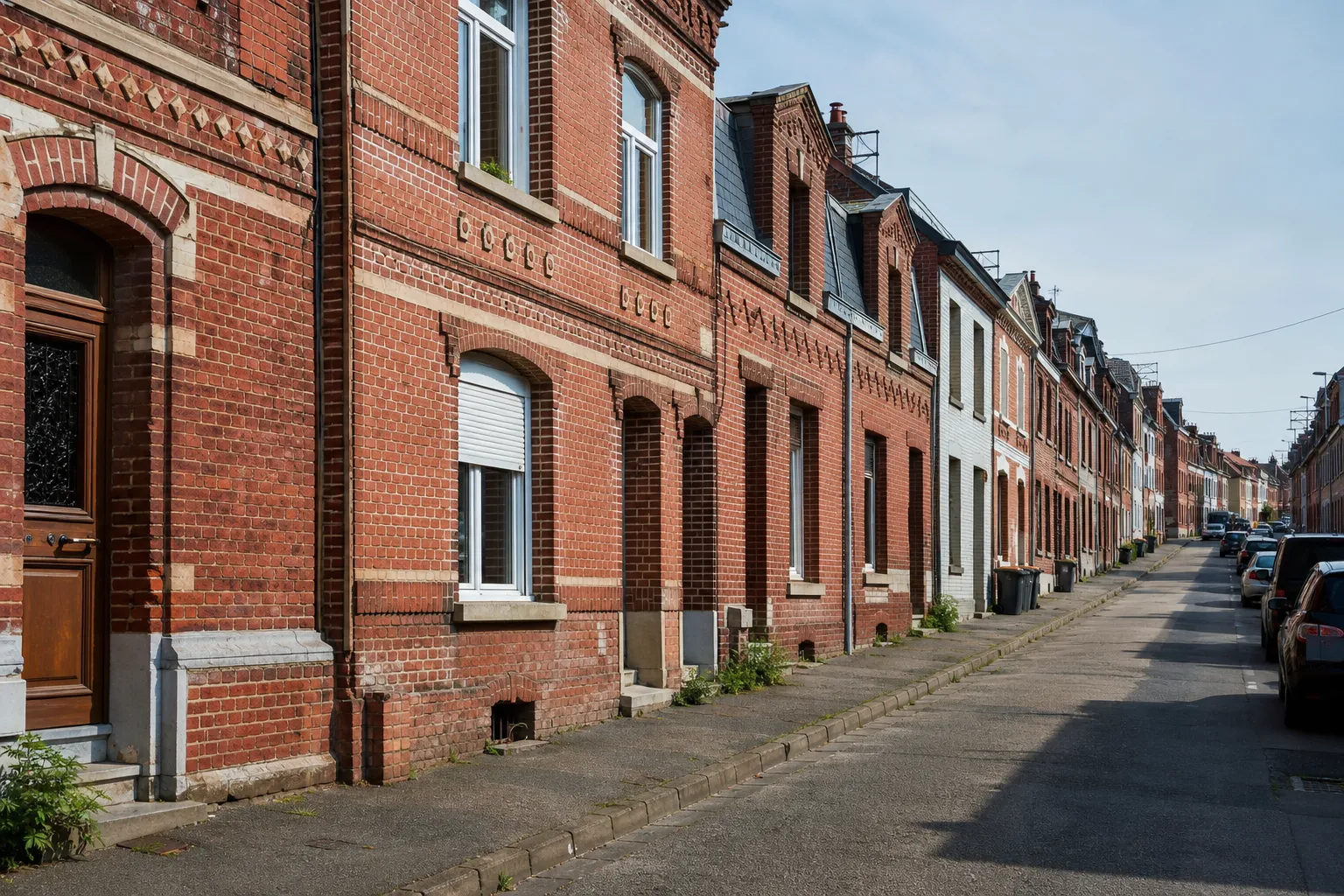 Rue de maisons en brique rouge reconstruites dans l’entre-deux-guerres