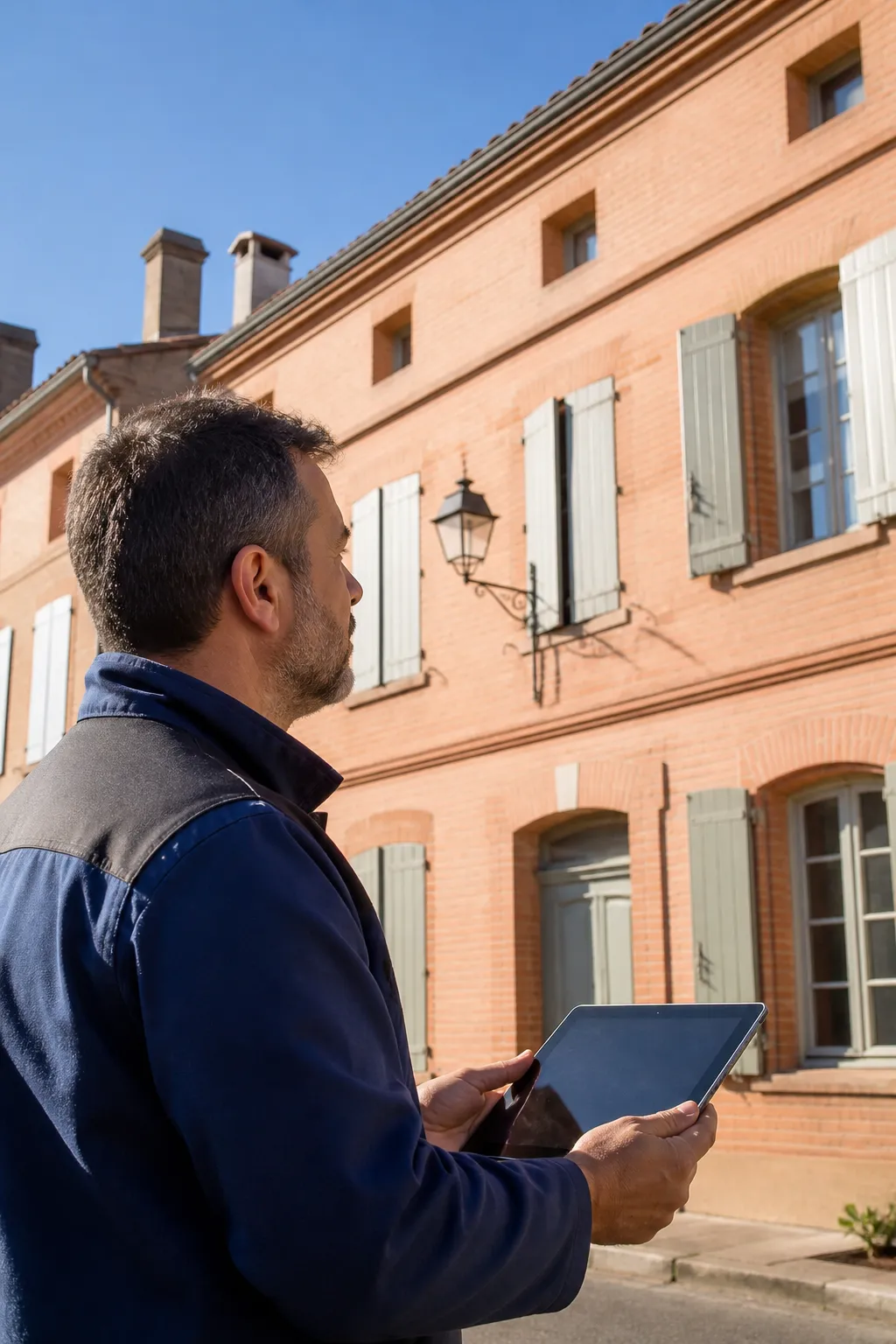 Expert en bâtiment devant une maison en brique rose du sud-ouest