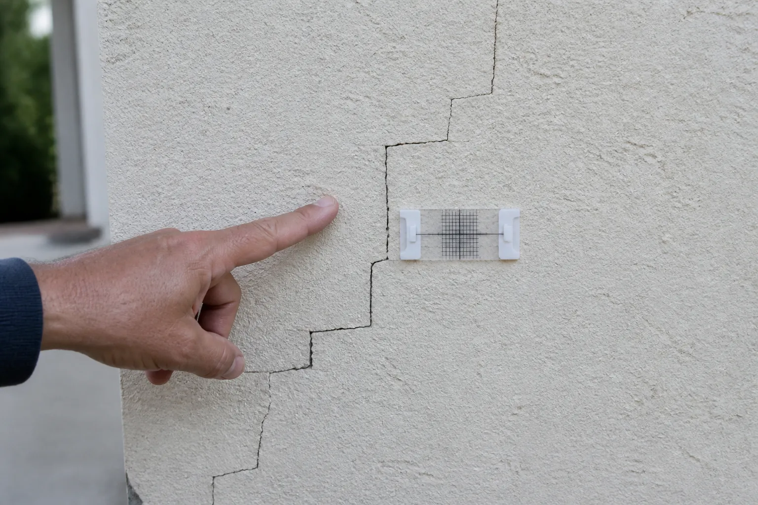 Fissure en escalier sur un mur de maison observée par un expert