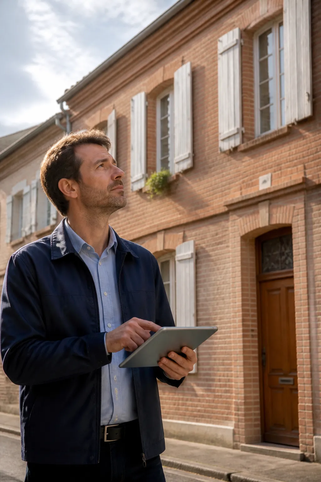 Expert en bâtiment devant une maison en brique rouge du sud-ouest