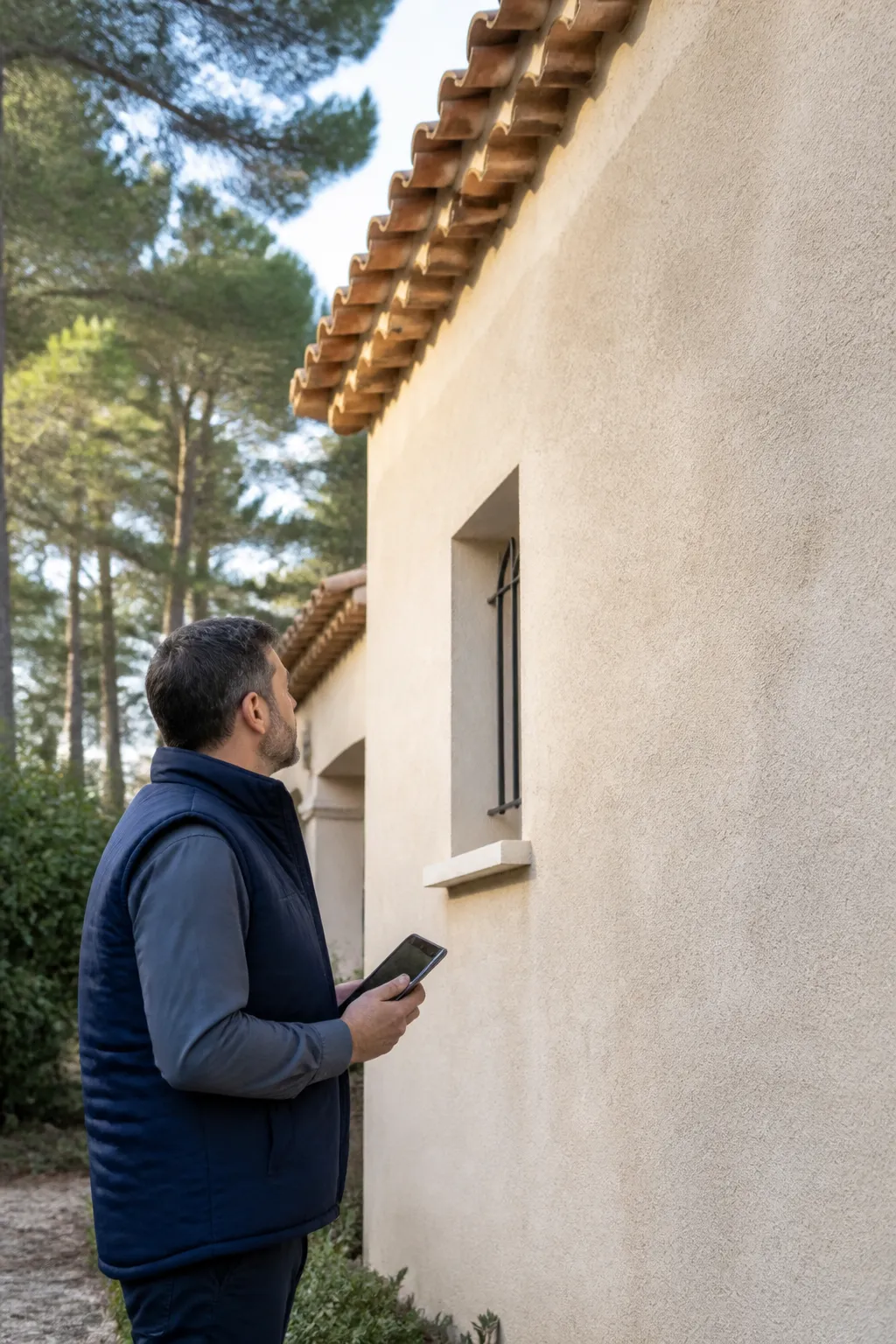 Expert en bâtiment observant la façade enduite d’une maison avant achat dans le Var