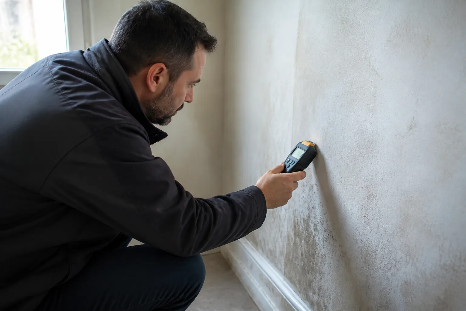 Expert mesurant l’humidité d’un mur en rez-de-chaussée d’une maison dans le Var