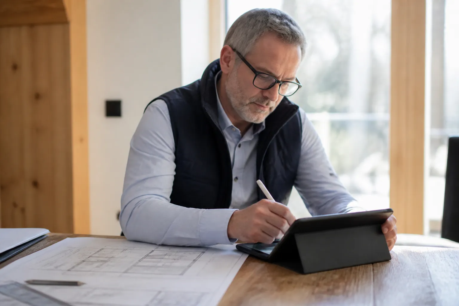 Expert rédigeant son rapport d’expertise avant achat après la visite
