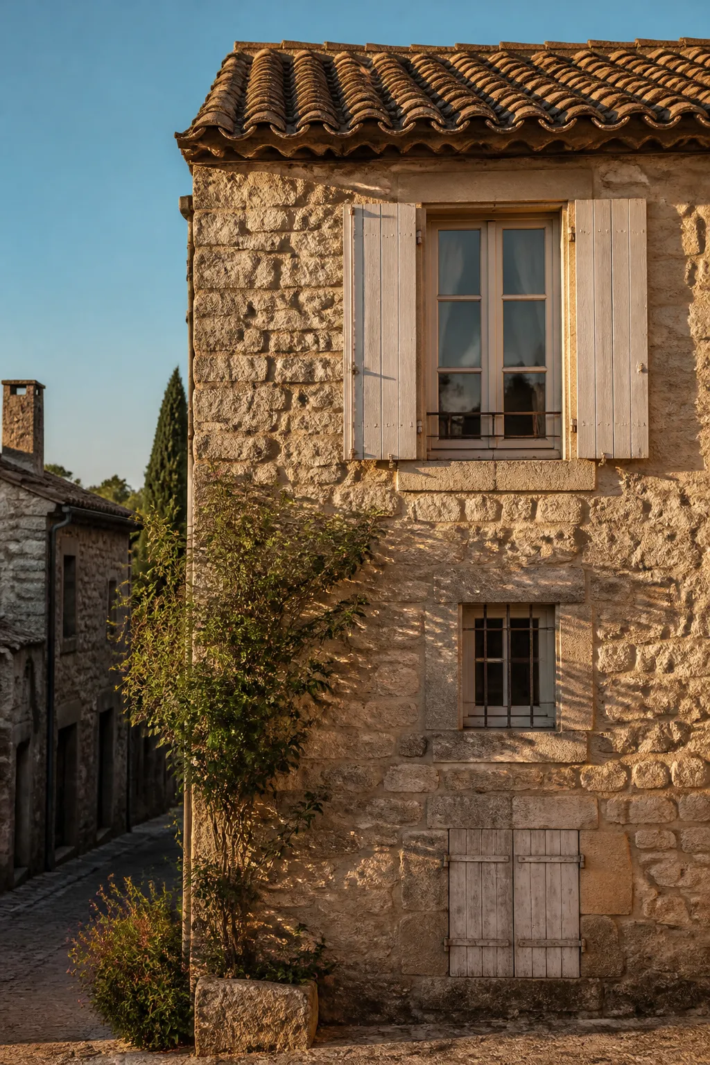 Façade de maison ancienne en pierre avec volets dans une ville du Vaucluse
