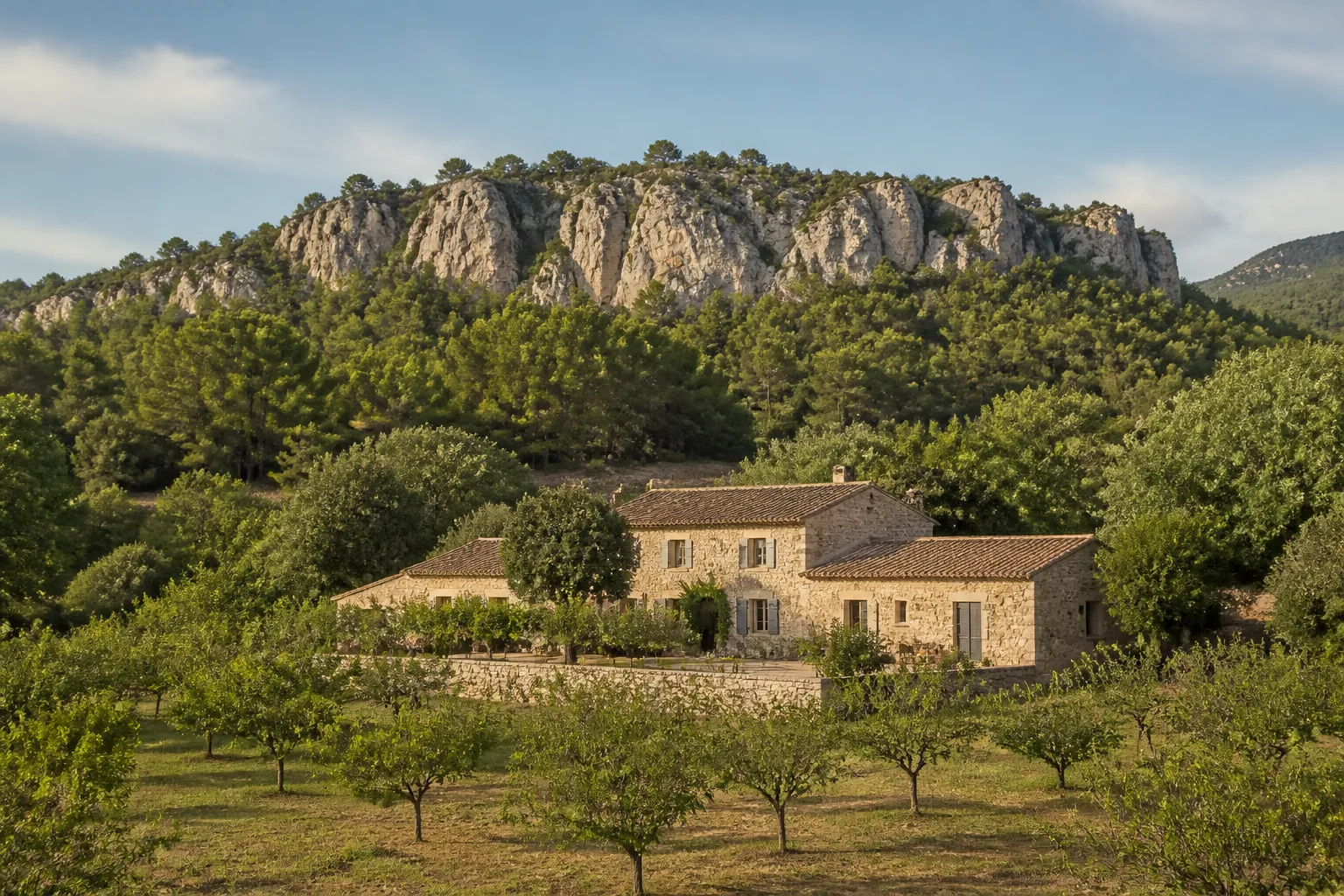 Mas en pierre entouré de vergers au pied d’une colline
