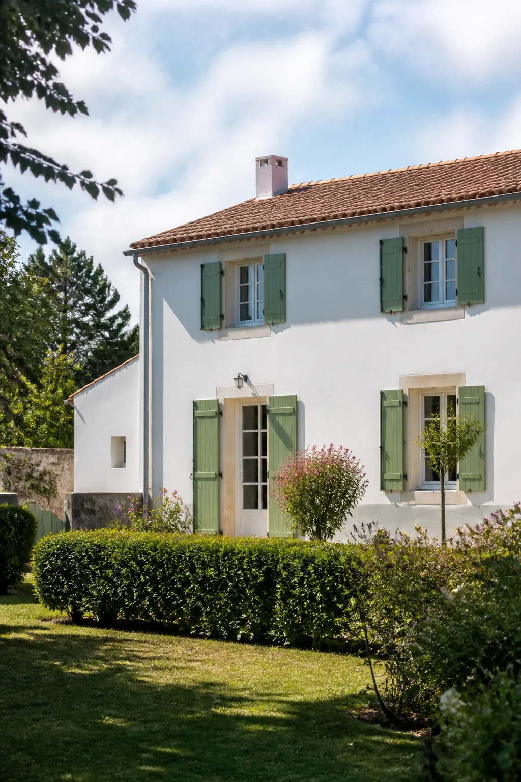 Maison vendéenne enduite blanc avec toit de tuiles et volets colorés