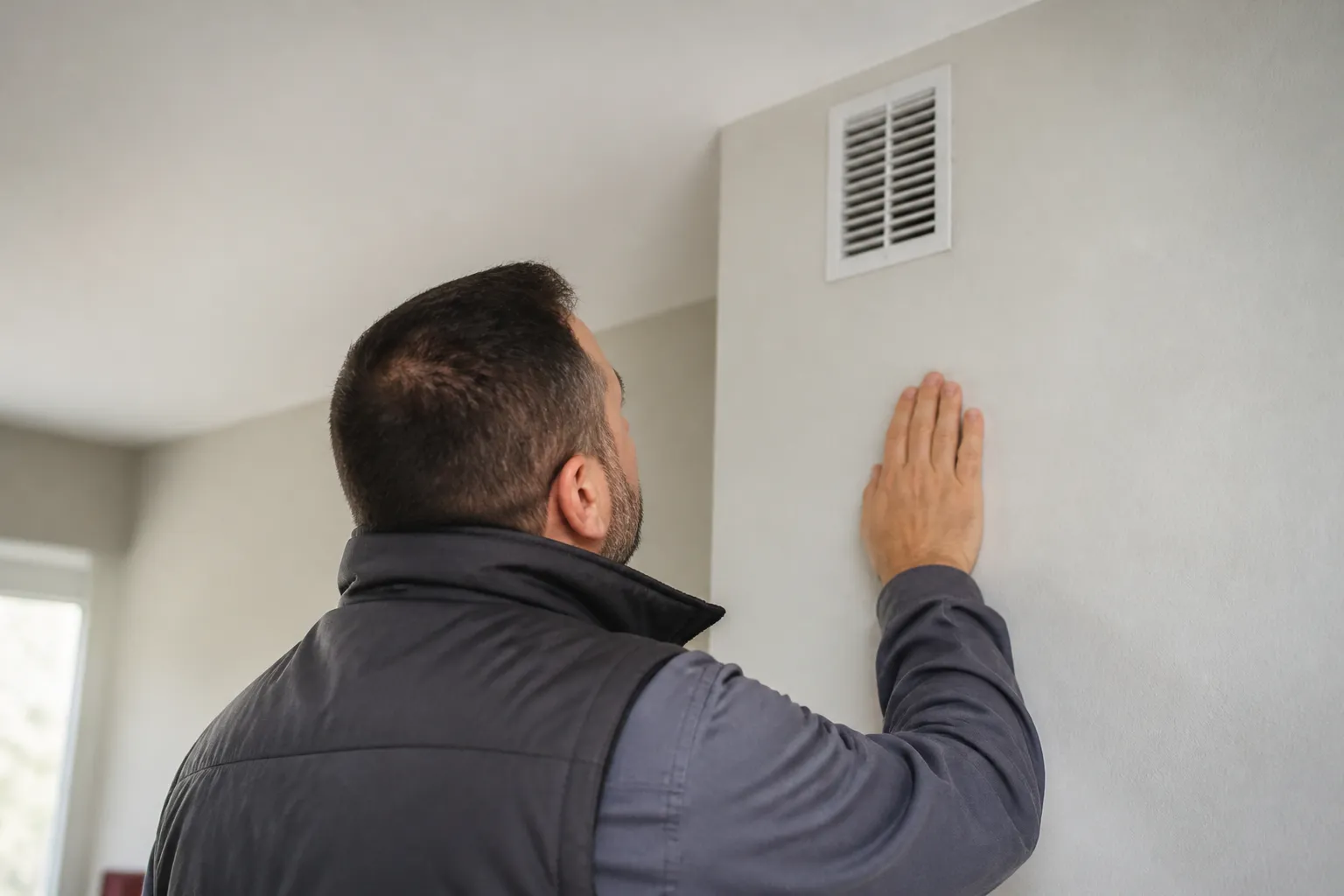 Expert en bâtiment inspectant une bouche de ventilation