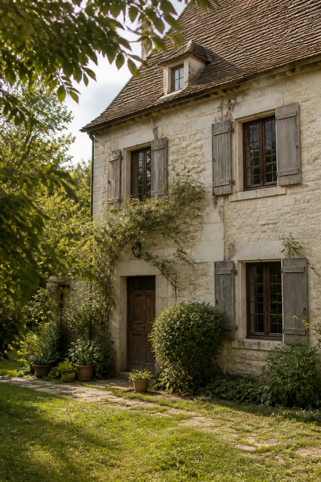 Maison ancienne en pierre calcaire claire avec toit de tuiles dans la Vienne