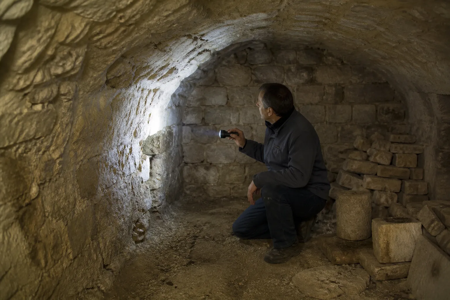 Expert en bâtiment inspectant une cave voûtée en pierre