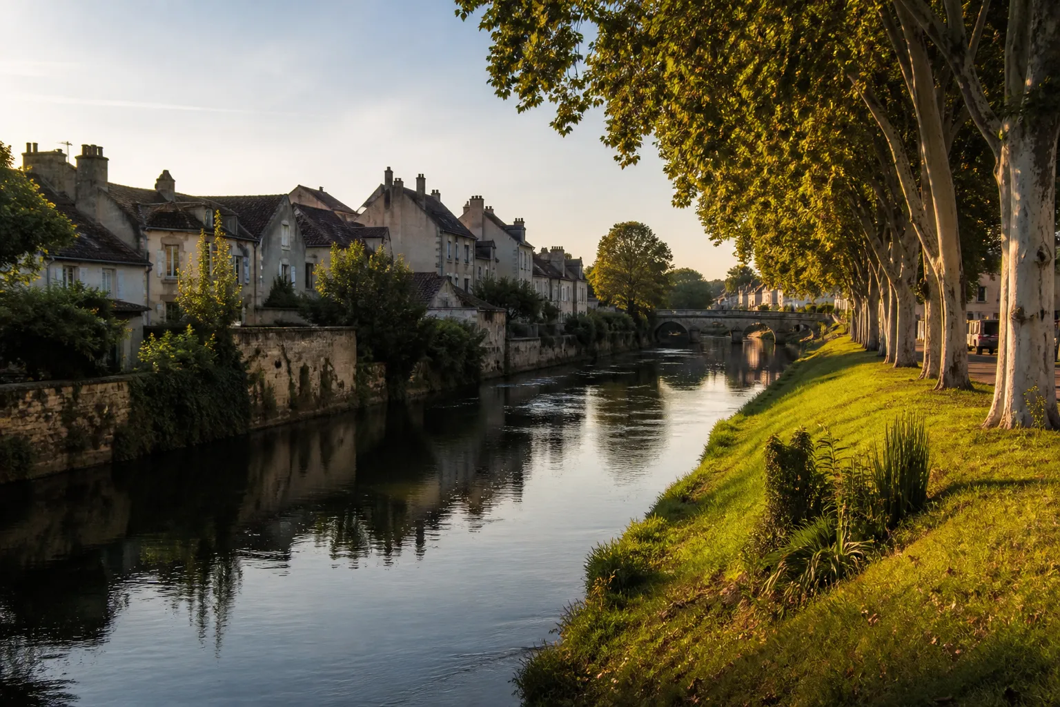 Rivière bordée d’arbres traversant une ville, berges et maisons anciennes