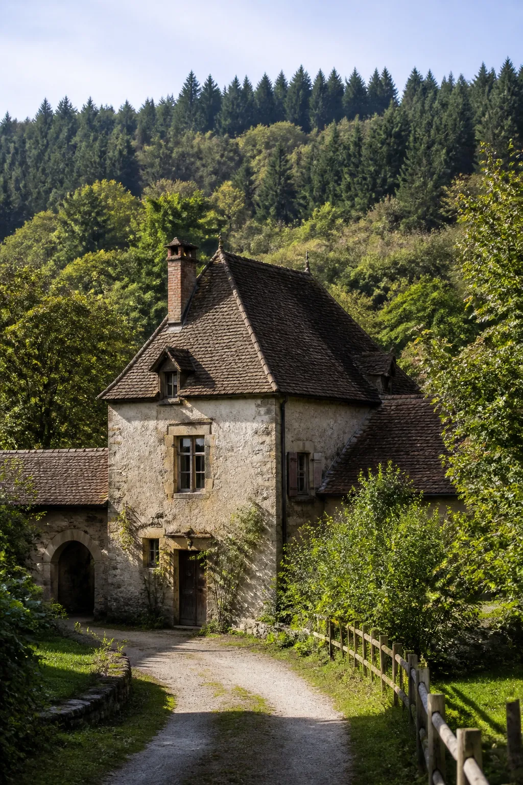 Maison ancienne en pierre et crépi dans une vallée boisée, expertise avant achat dans les Vosges