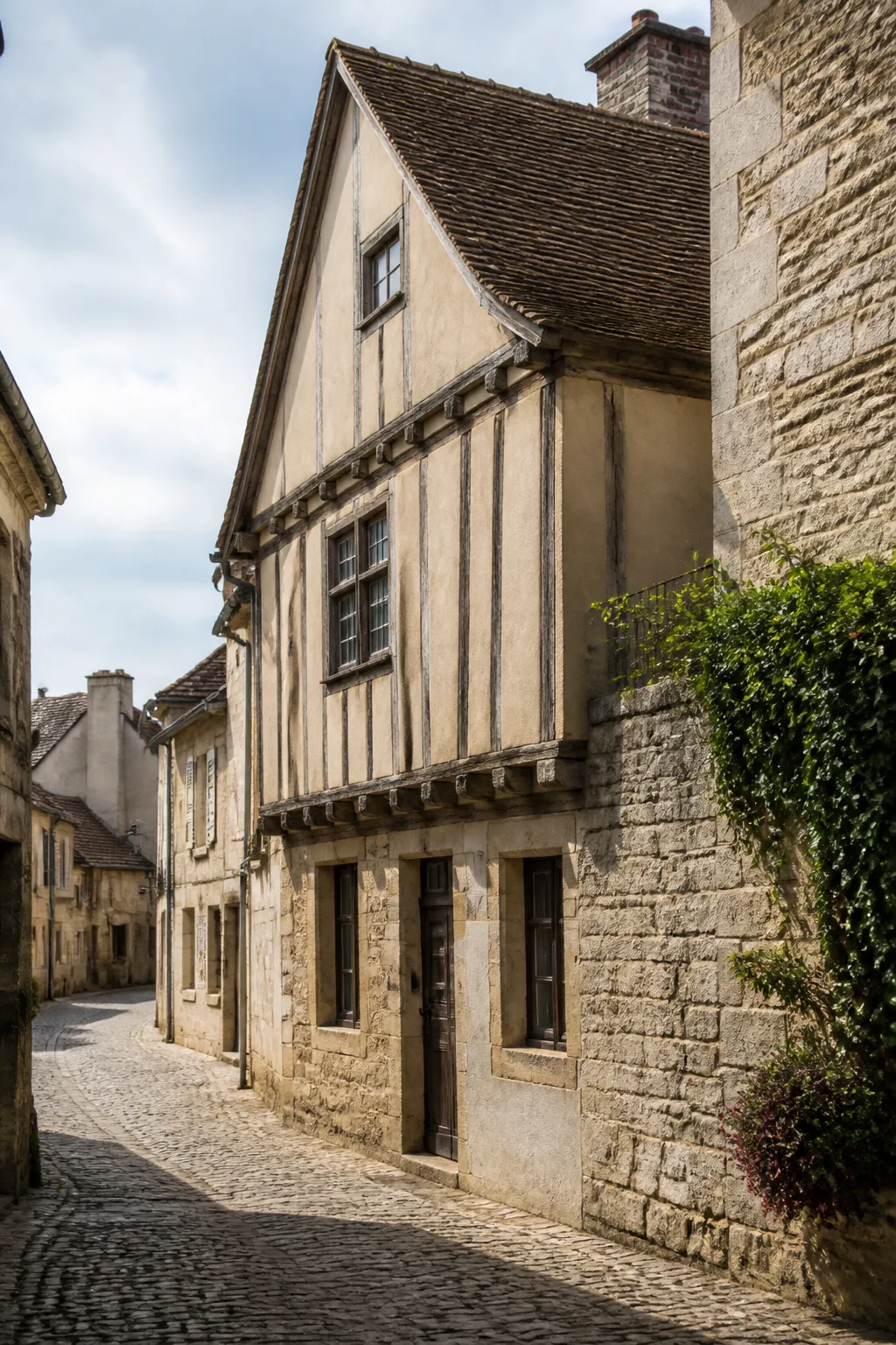 Maison ancienne à pans de bois dans une rue de centre historique, expertise avant achat dans l’Yonne