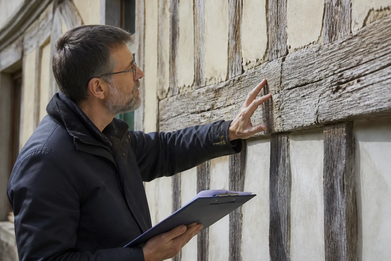Expert en bâtiment examinant un pan de bois en façade