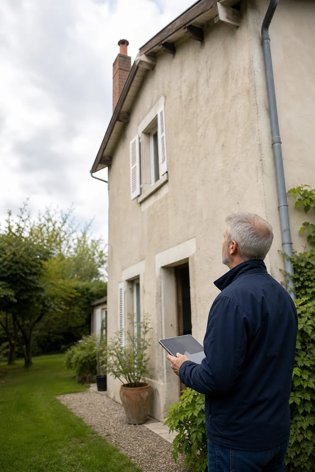 Expert en bâtiment examinant la façade d’une maison avant un achat dans le Territoire de Belfort