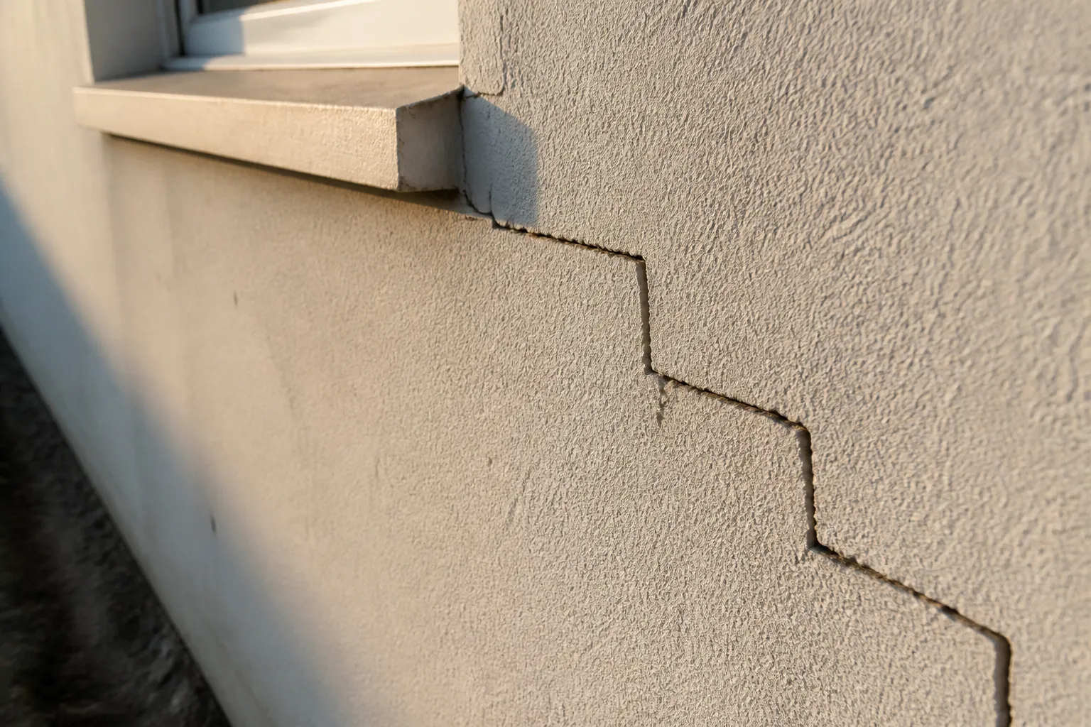 Fissure en escalier sur un mur de maçonnerie observée lors d’une visite