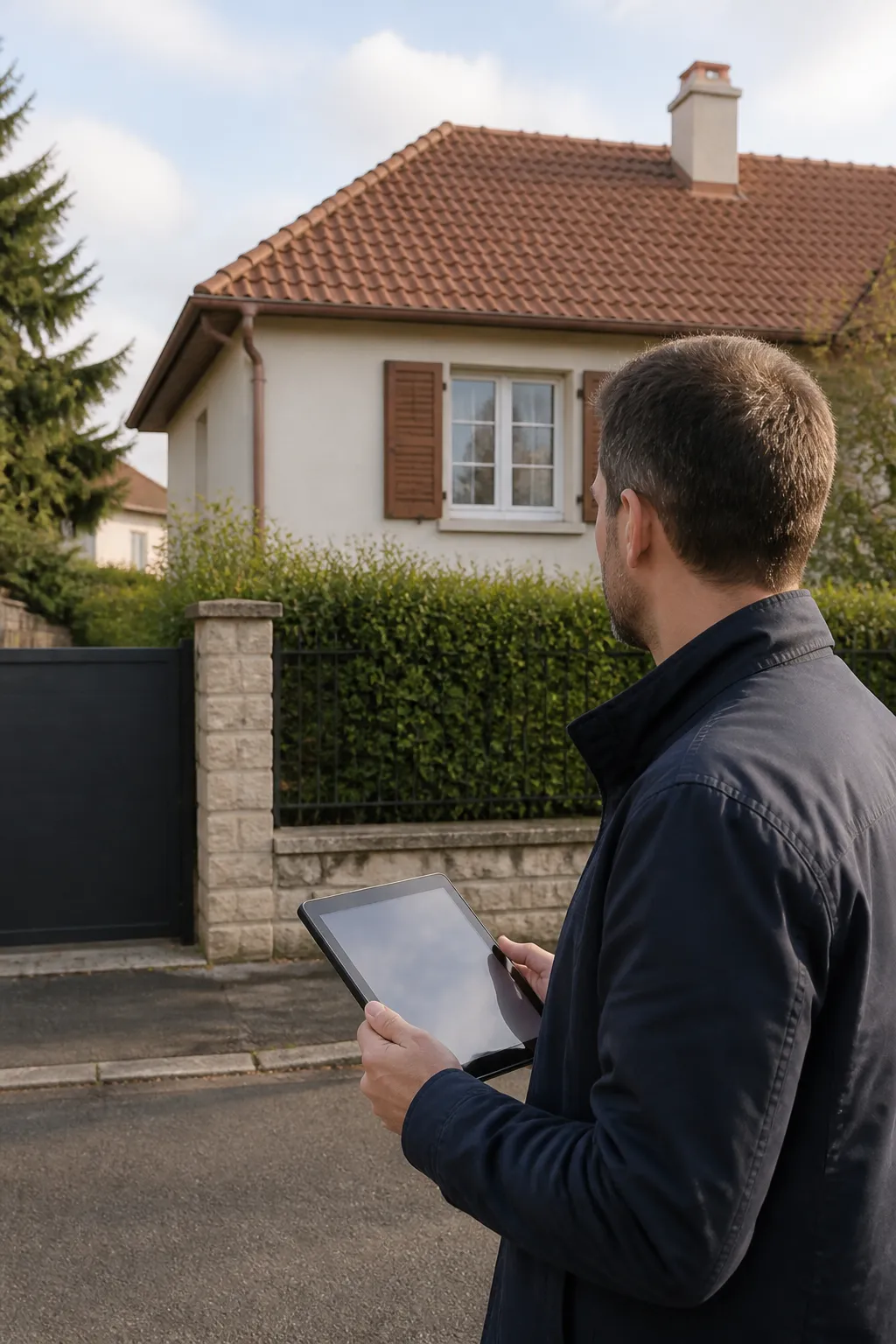 Expert en bâtiment devant un pavillon de banlieue avant un achat dans l’Essonne