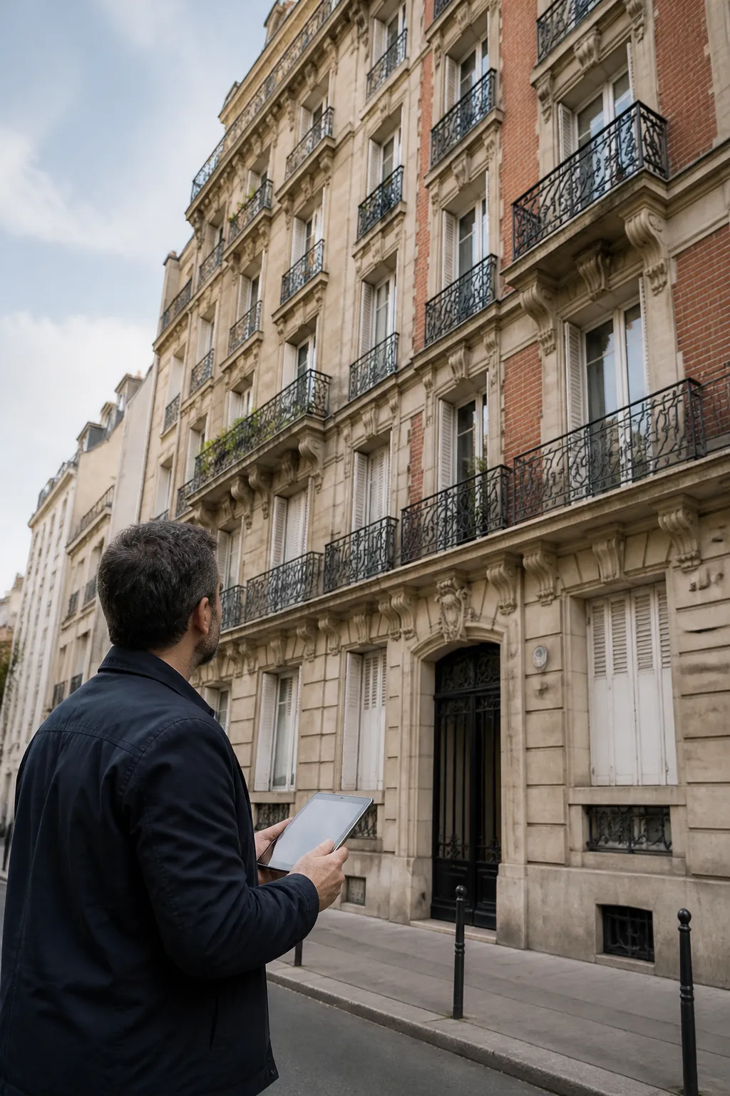 Expert en bâtiment devant un immeuble ancien avant un achat dans les Hauts-de-Seine