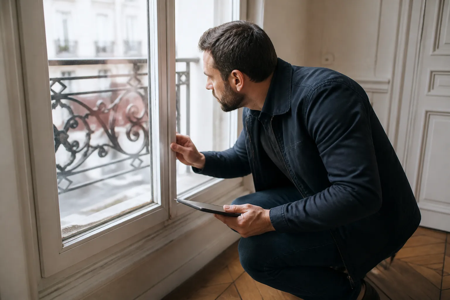 Expert examinant les fenêtres d’un appartement côté rue
