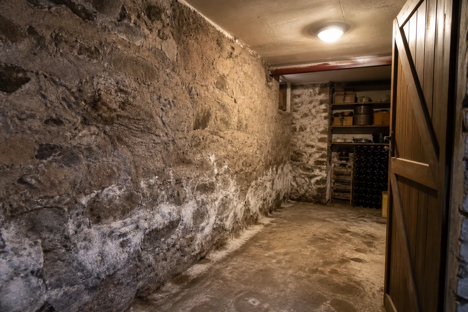 Cave d’immeuble avec murs en pierre et traces d’humidité