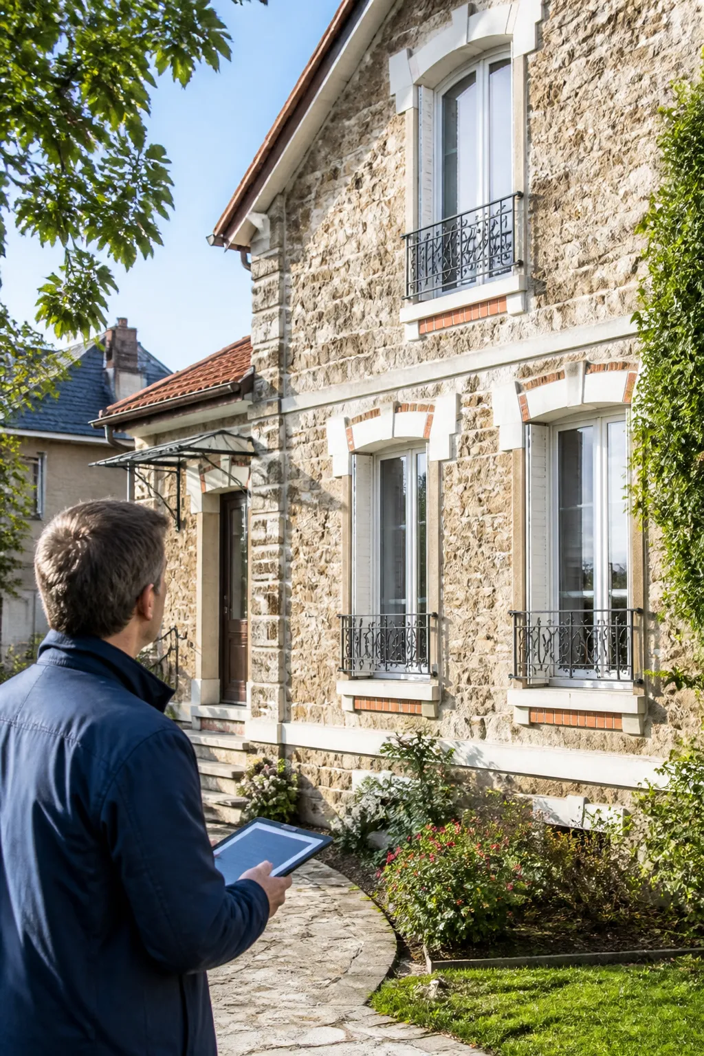 Expert en bâtiment observant la façade d’un pavillon en meulière en Seine-Saint-Denis