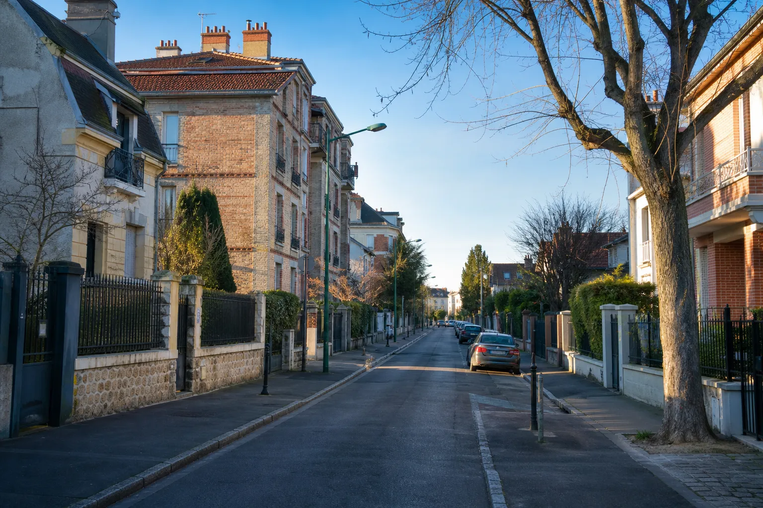 Rue résidentielle de banlieue avec pavillons et petits immeubles