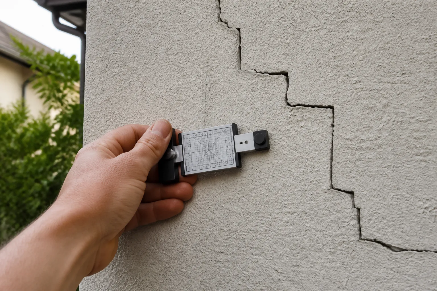 Fissure en escalier sur un mur de pavillon examinée par un expert