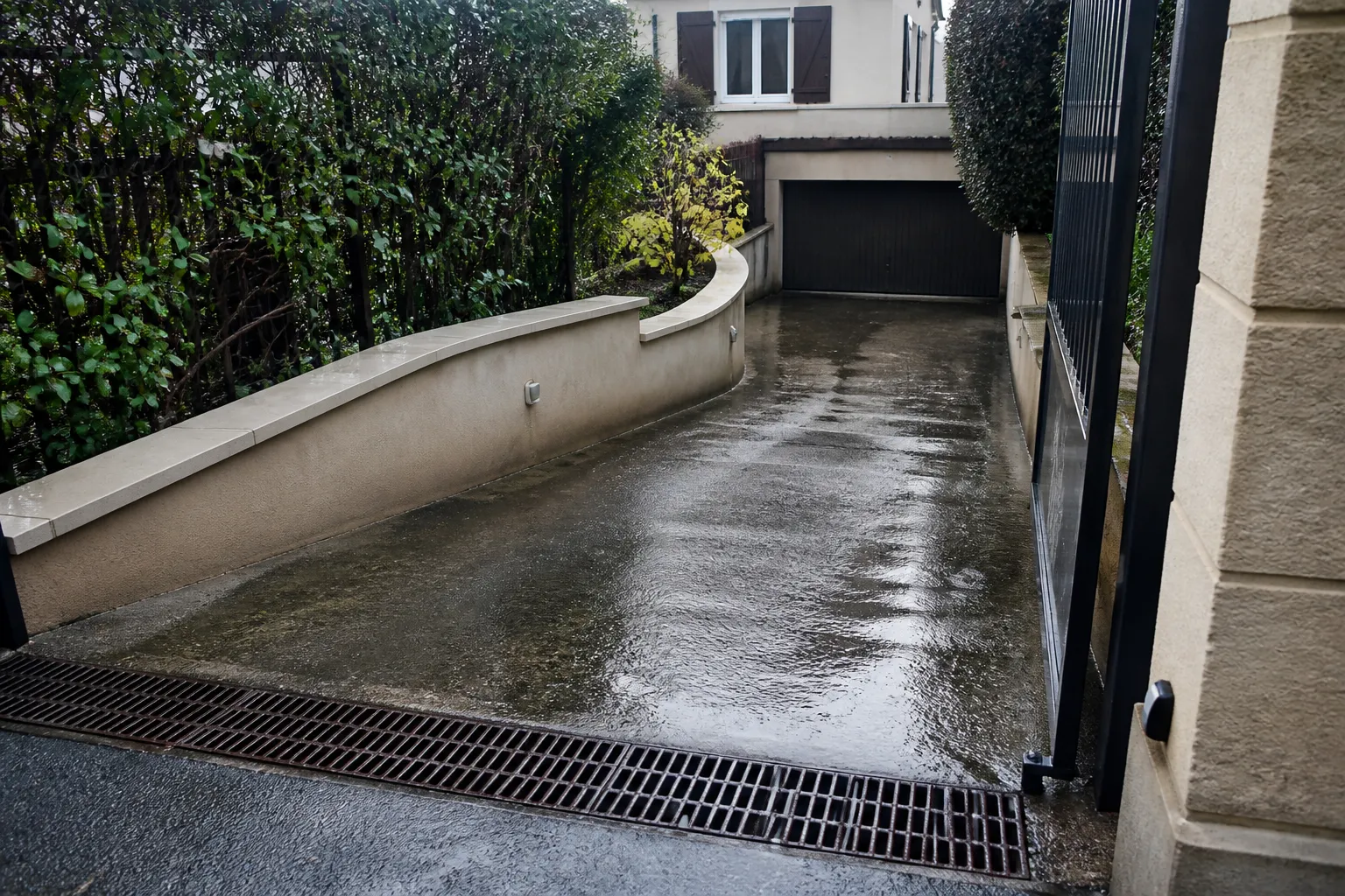 Grille d’évacuation des eaux pluviales devant une descente de garage