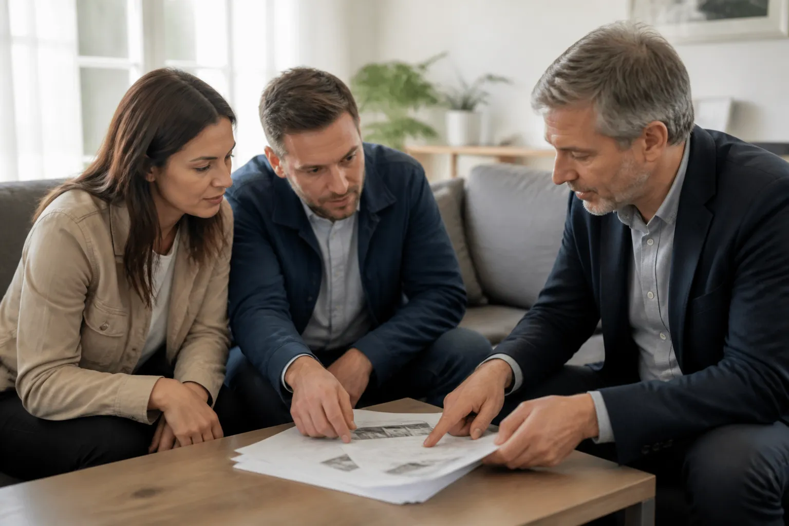 Acheteurs relisant un rapport d’expertise avec un expert dans un salon