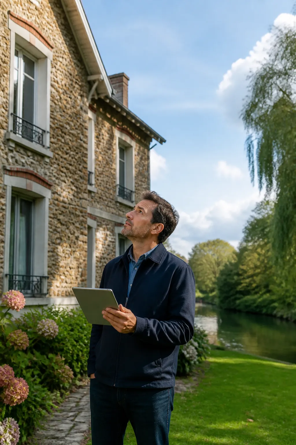 Expert en bâtiment devant une maison en meulière près d’une rivière