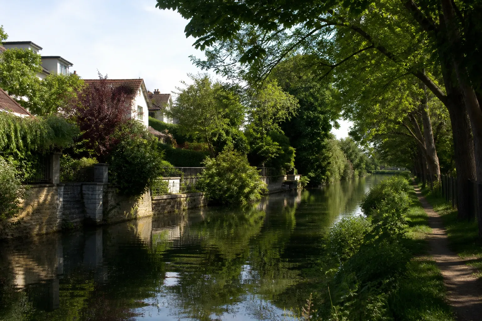 Rivière bordée de maisons et d’arbres en banlieue