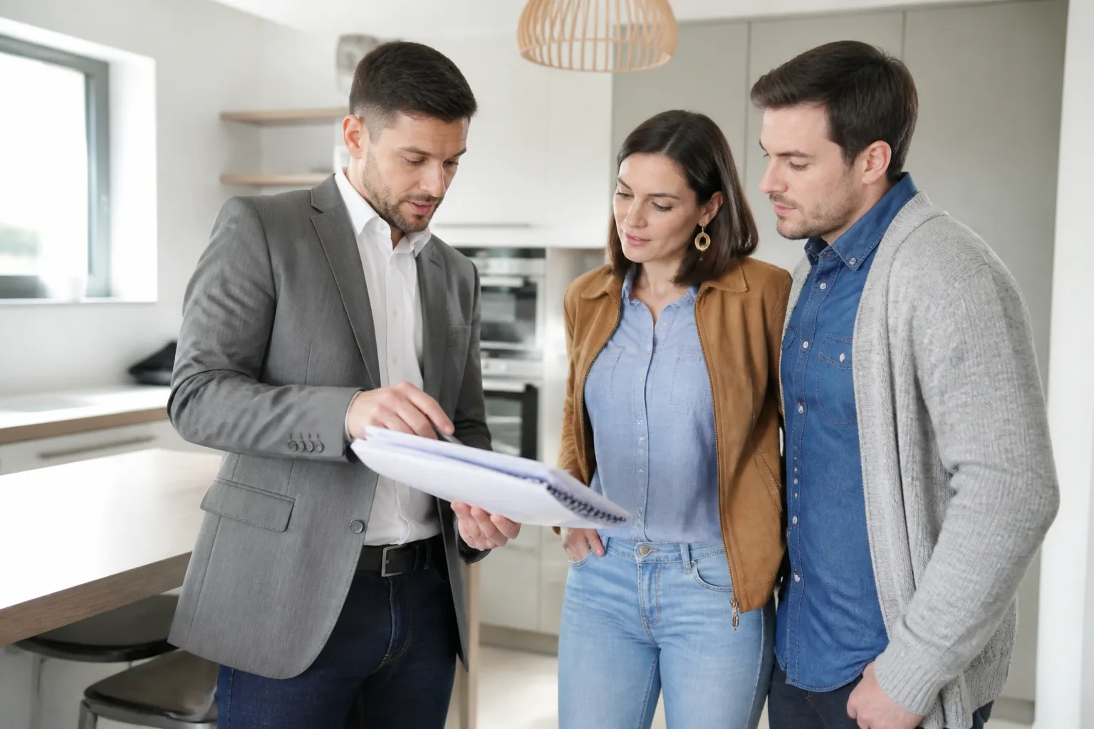 Expert présentant son rapport à des acheteurs