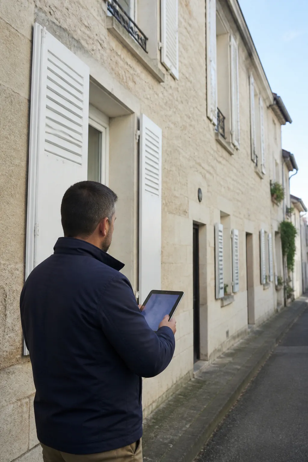 Expert en bâtiment devant une maison de ville ancienne en pierre calcaire