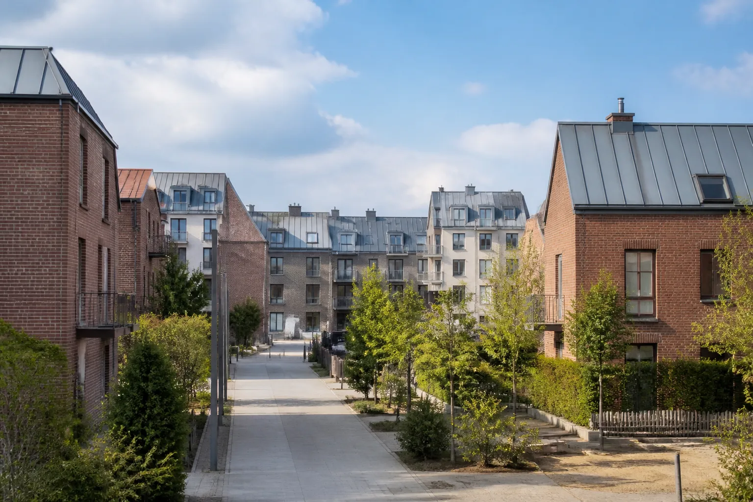 Quartier résidentiel récent avec immeubles et maisons