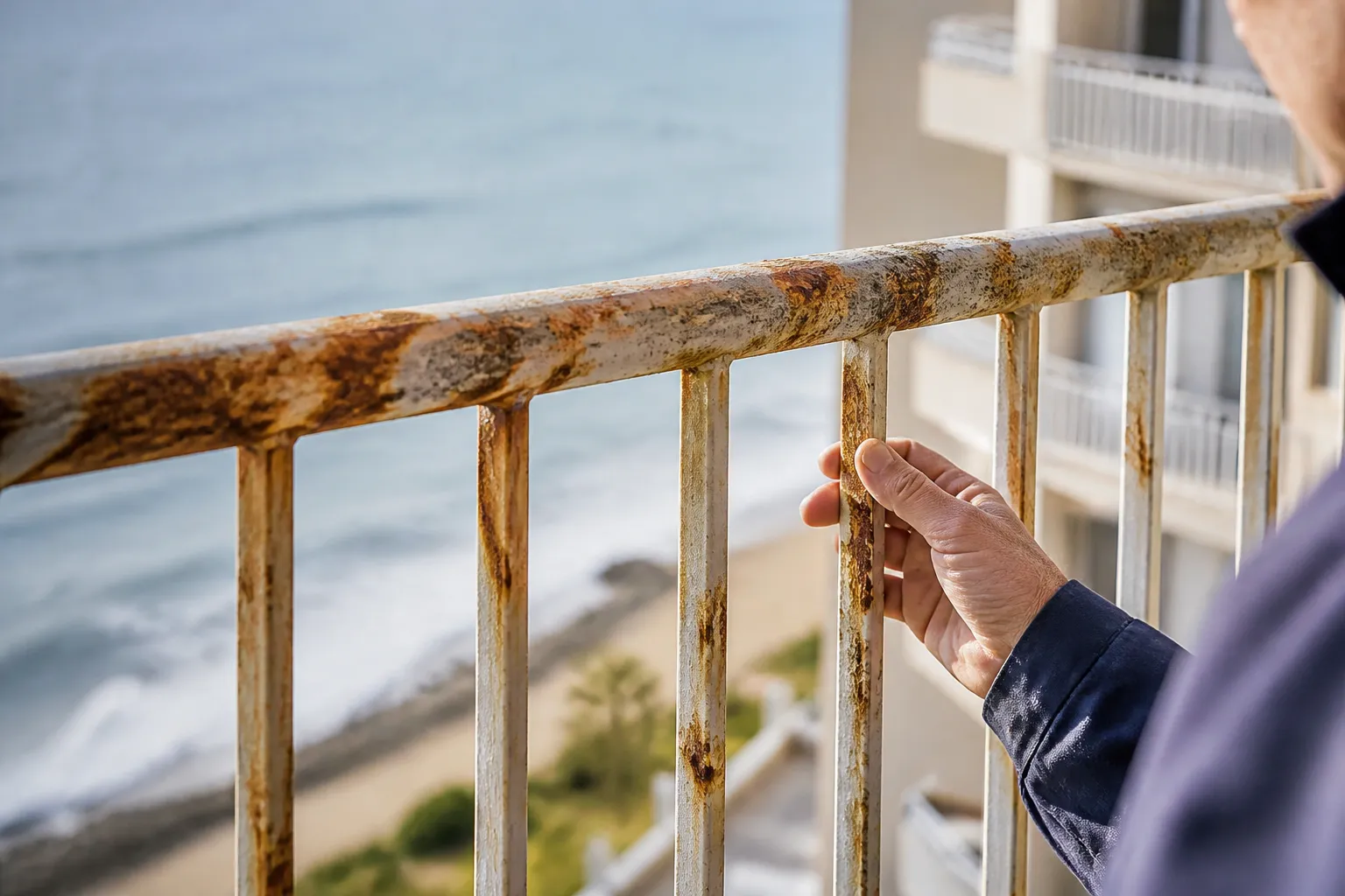 Garde-corps métallique corrodé sur un balcon exposé aux embruns
