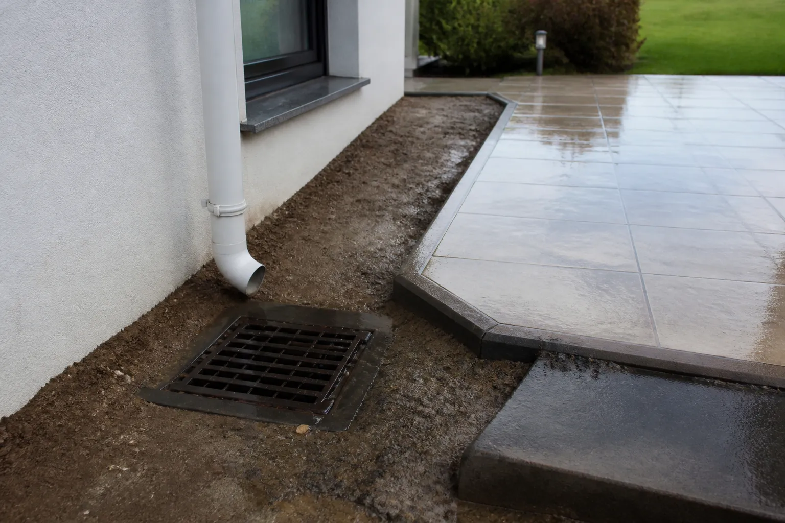 Regard d’eaux pluviales et terrasse au pied d’une maison