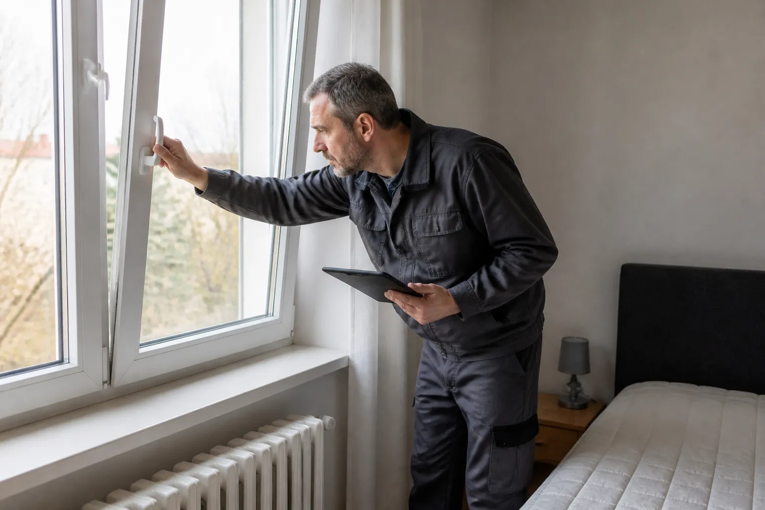 Expert en bâtiment examinant une fenêtre et son vitrage