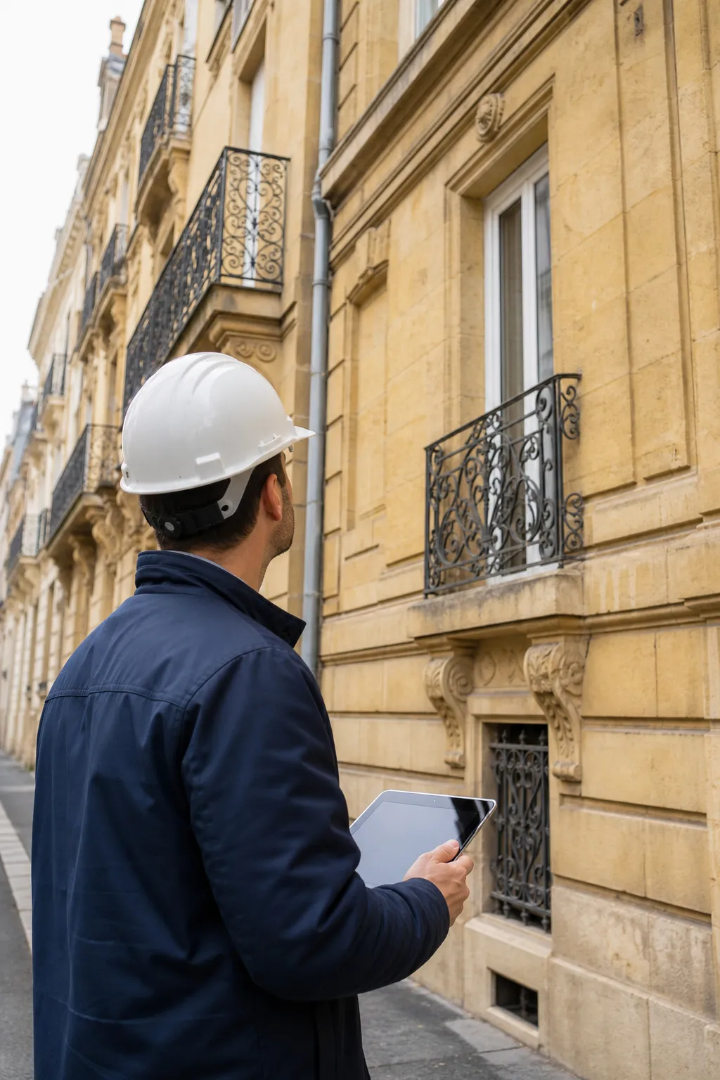 Expert en bâtiment observant une façade d'immeuble en pierre jaune