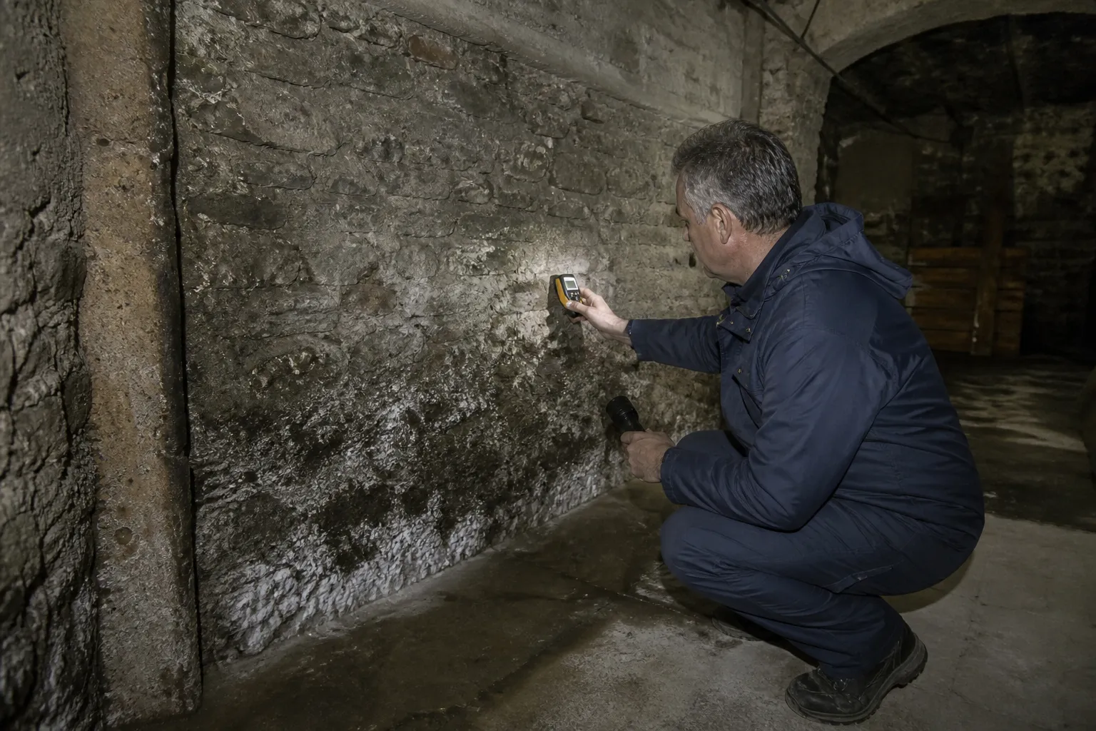 Cave d'immeuble ancien avec traces d'humidité