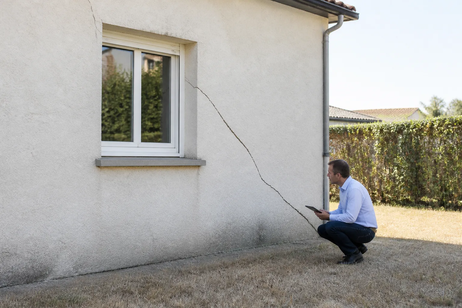 Maison individuelle avec fissure sur la façade et pelouse sèche