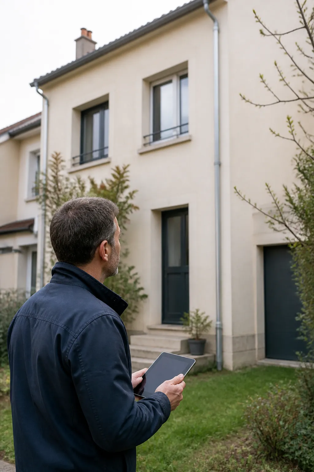 Expert en bâtiment devant une maison de ville avec jardin