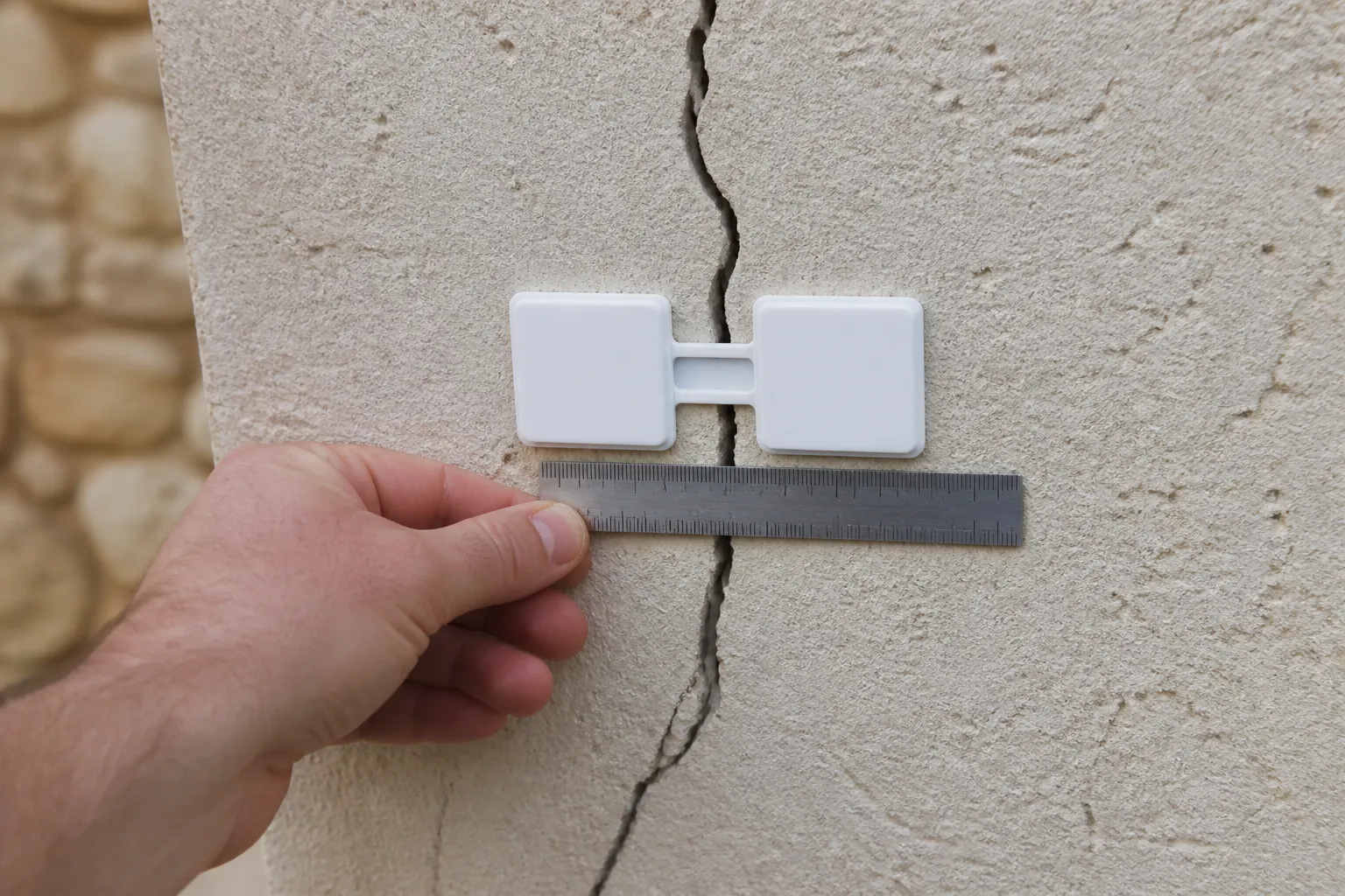 Témoin de fissure posé sur un mur extérieur