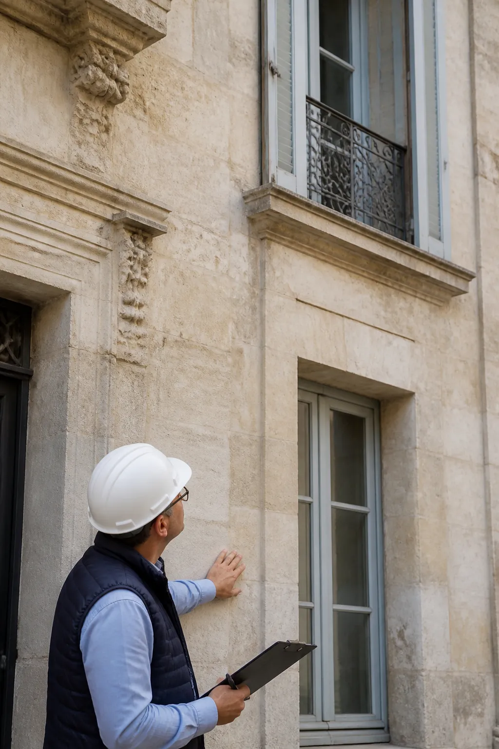 Expert en bâtiment observant la façade en pierre d’un immeuble ancien avant un achat à Nîmes