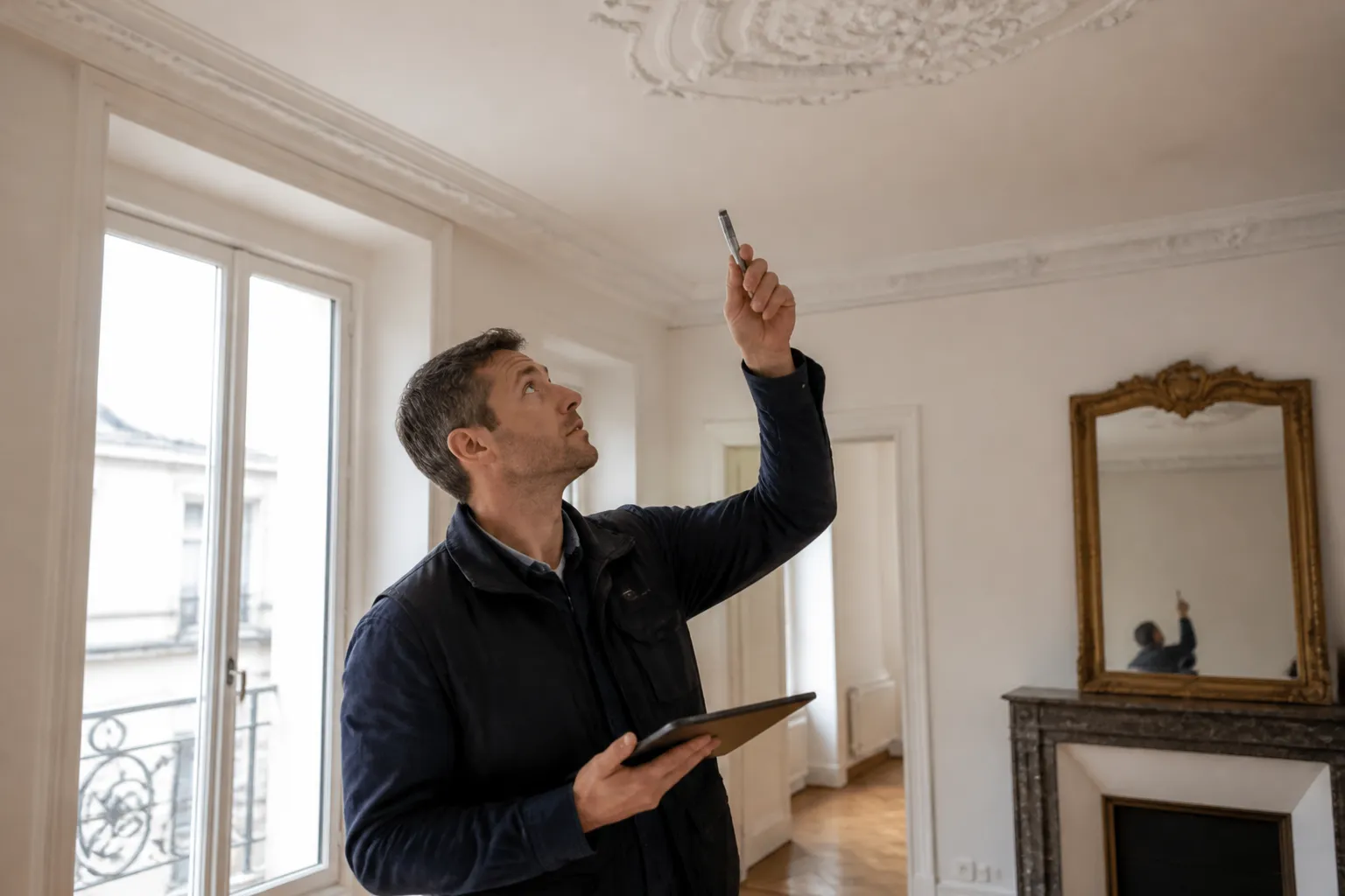 Expert inspectant un appartement ancien aux plafonds hauts