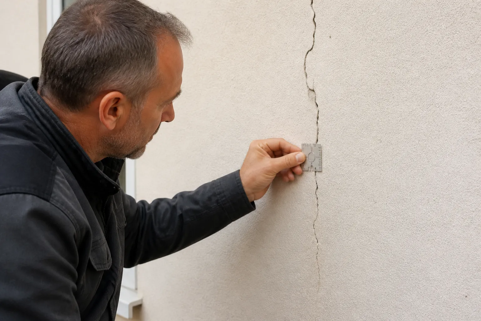 Expert en bâtiment examinant une fissure sur un mur extérieur