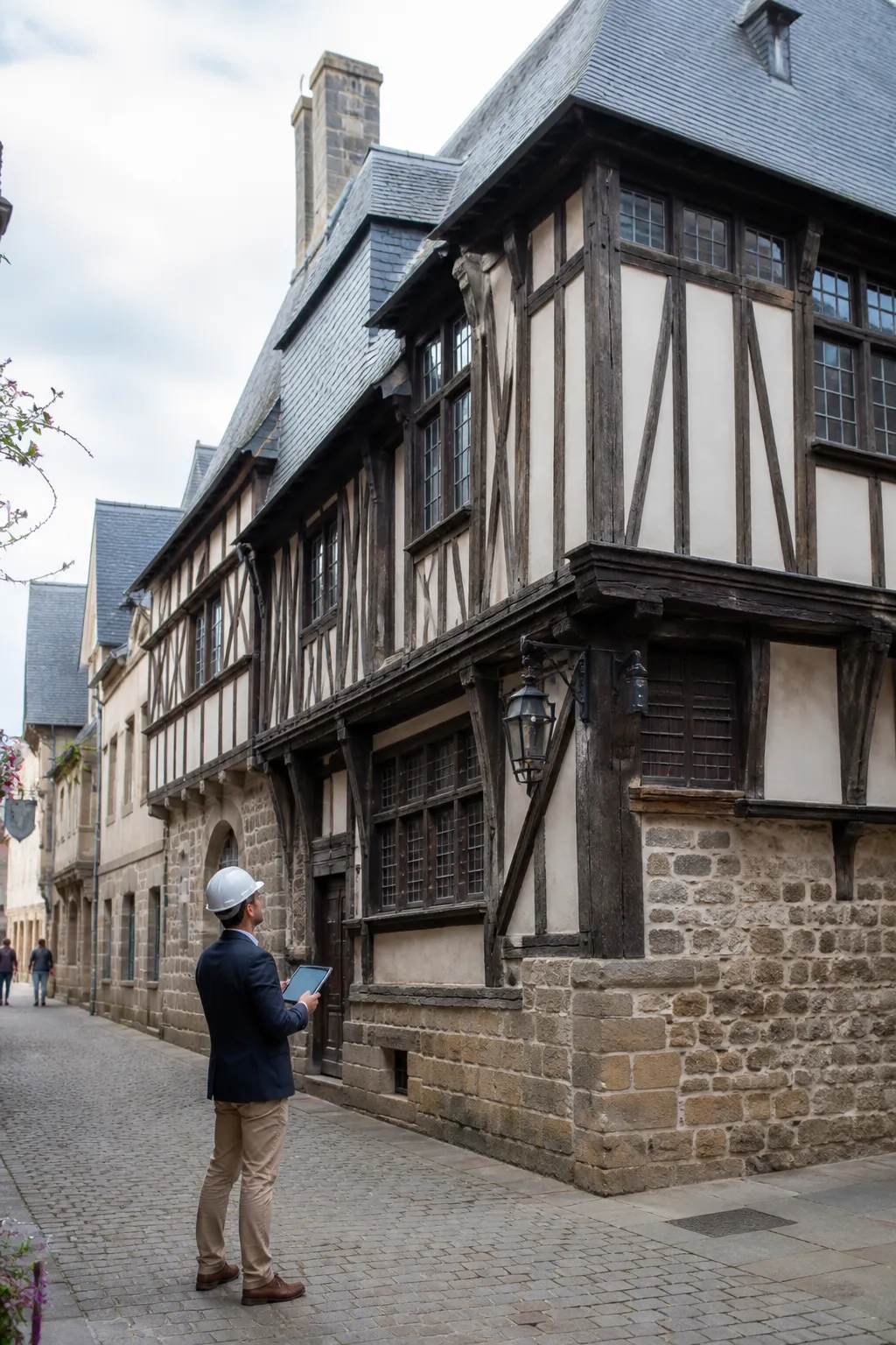 Expert en bâtiment devant une maison ancienne à pan de bois à Quimper