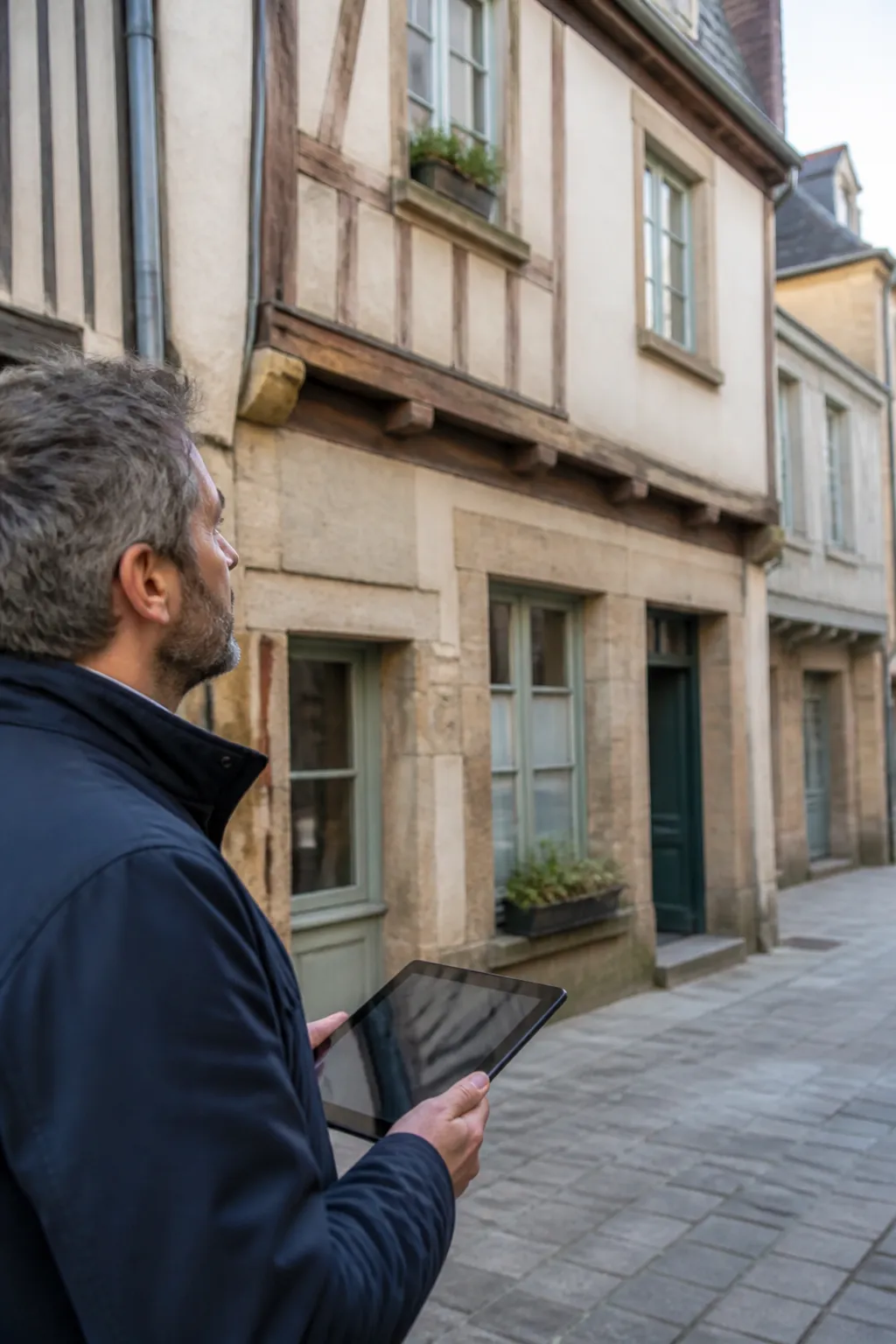 Expert en bâtiment devant un immeuble ancien à pans de bois dans le centre de Rennes