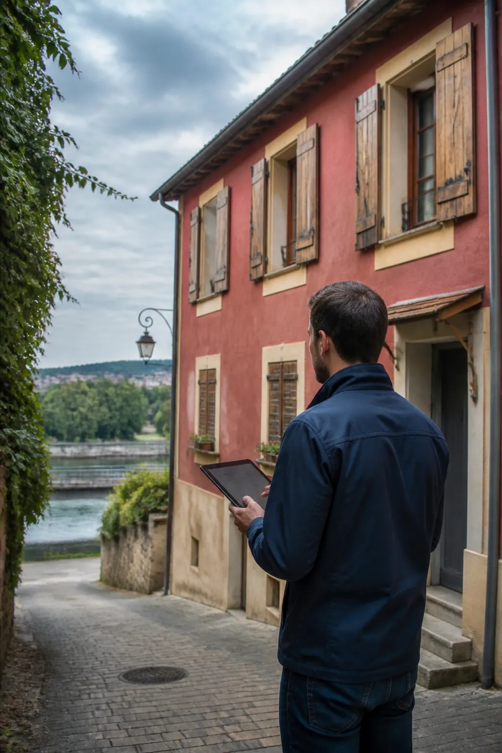 Expert en bâtiment devant une maison ancienne aux façades colorées près d’un fleuve