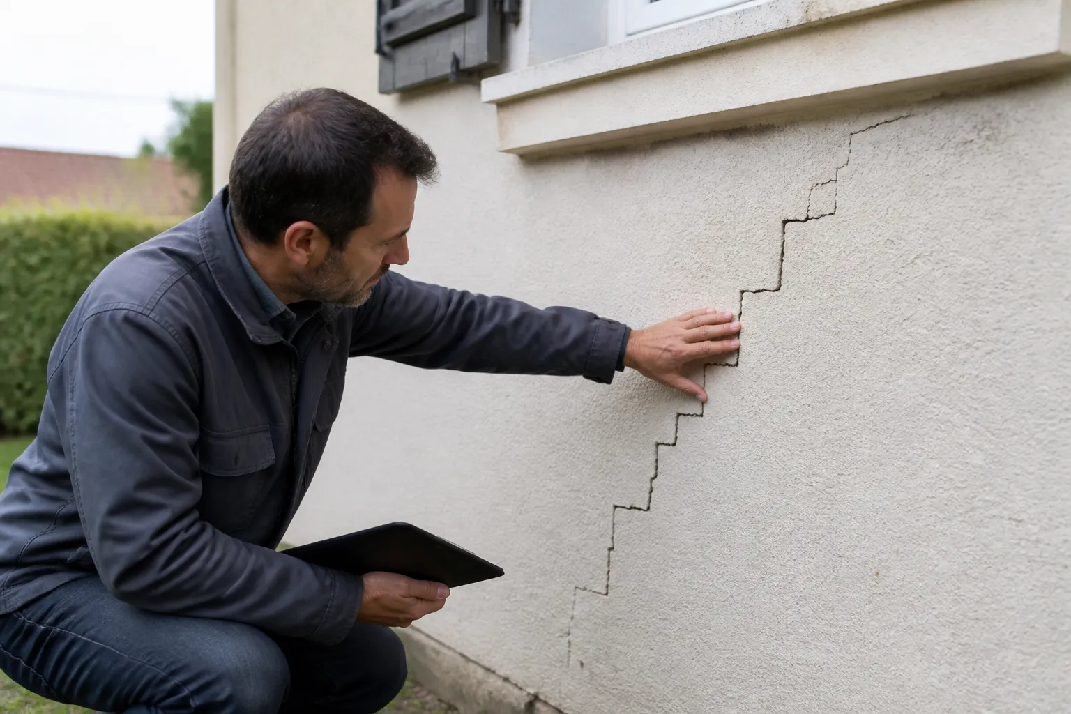 Expert relevant une fissure en escalier sur un mur de maison