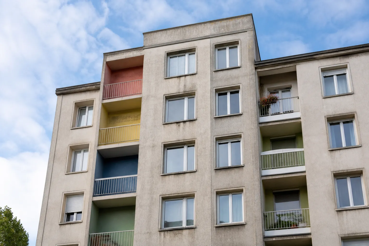 Façade d’un grand immeuble en béton brut avec loggias colorées